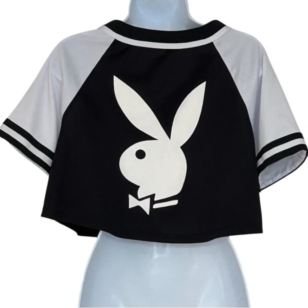 Playboy Cropped Baseball Jersey Top Women Size L Black White Button Front Logo - Picture 2 of 3